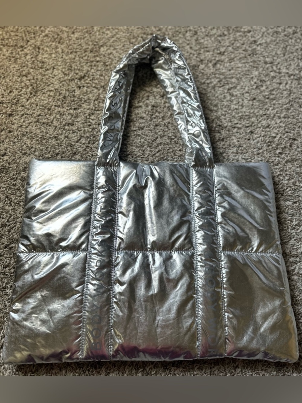NWT Bath & Body Works Silver Puffer Tote Bag